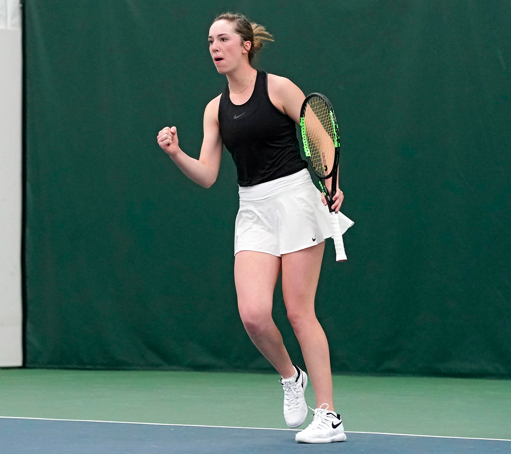 Iowa's Samantha Mannix celebrates during their doubles match against Indiana at the Hawkeye Tennis and Recreation Complex in Iowa City on Sunday, Mar. 31, 2019. (Stephen Mally/hawkeyesports.com)