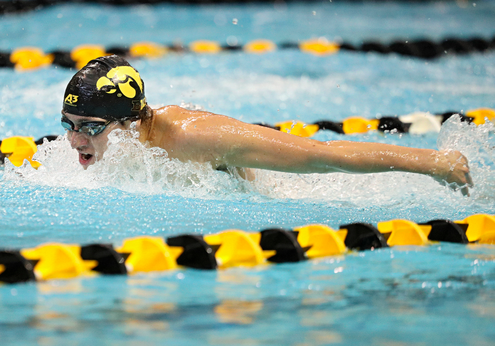 Iowa’s Michael Tenney swims the men’s 200-yard butterfly event during their meet against Michigan State and Northern Iowa at the Campus Recreation and Wellness Center in Iowa City on Friday, Oct 4, 2019. (Stephen Mally/hawkeyesports.com)