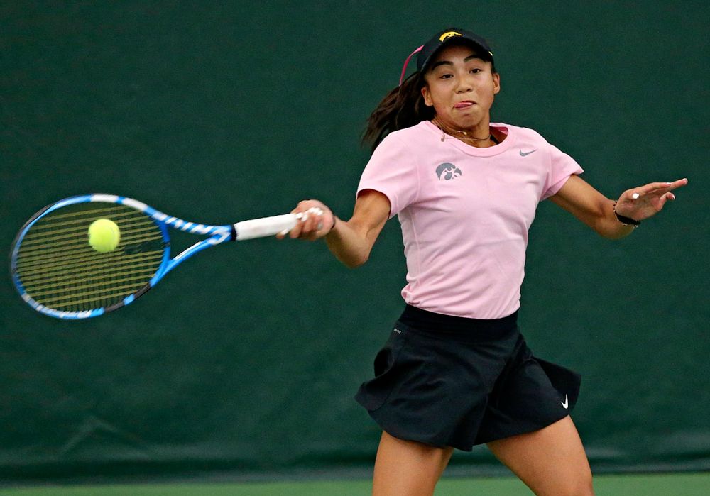 Iowa's Michelle Bacalla plays a match against Purdue at the Hawkeye Tennis and Recreation Complex in Iowa City on Friday, Mar. 29, 2019. (Stephen Mally/hawkeyesports.com)