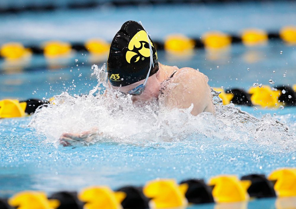 Iowa’s Paige Hanley swims the women’s 50 yard breaststroke event during their meet at the Campus Recreation and Wellness Center in Iowa City on Friday, February 7, 2020. (Stephen Mally/hawkeyesports.com)