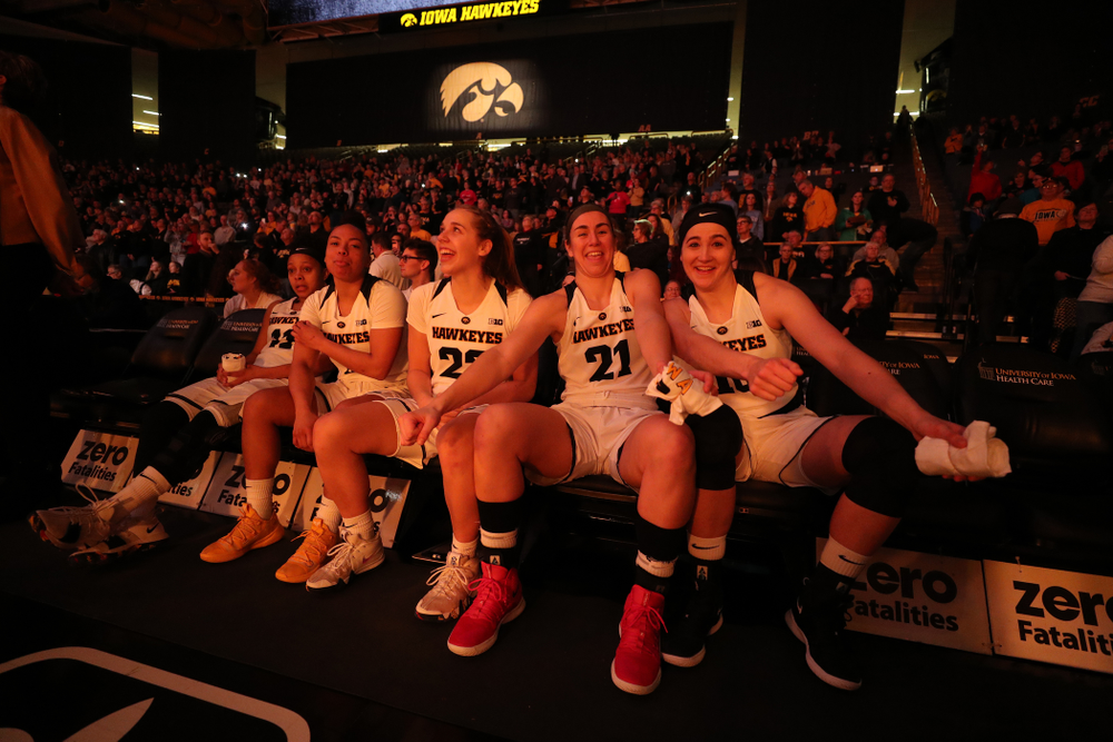 Iowa Hawkeyes forward Hannah Stewart (21) and forward Megan Gustafson (10) against the Illinois Fighting Illini Thursday, February 14, 2019 at Carver-Hawkeye Arena. (Brian Ray/hawkeyesports.com)