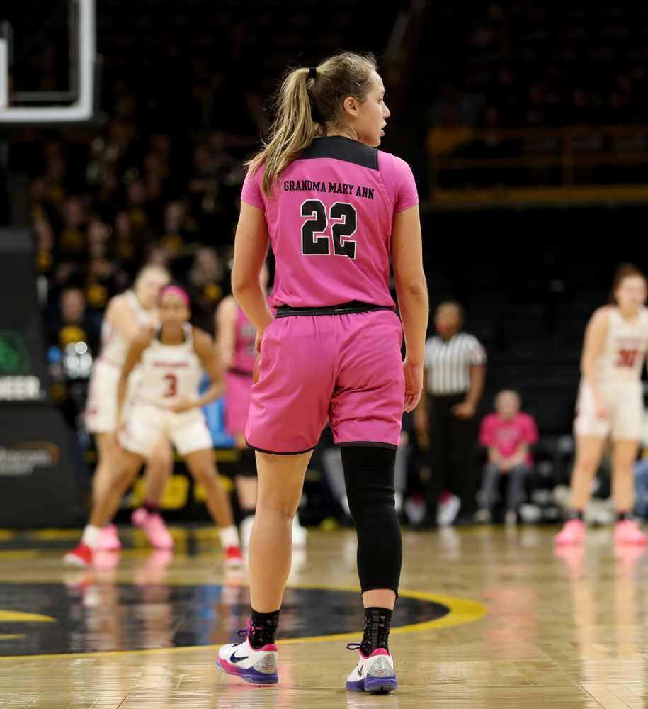 Iowa Hawkeyes guard Kathleen Doyle (22) against the Wisconsin Badgers Sunday, February 16, 2020 at Carver-Hawkeye Arena. (Brian Ray/hawkeyesports.com)