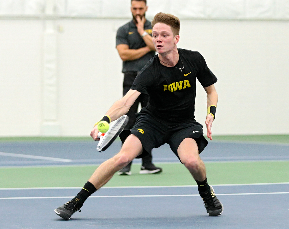Iowa’s Jason Kerst during his singles match at the Hawkeye Tennis and Recreation Complex in Iowa City on Friday, February 14, 2020. (Stephen Mally/hawkeyesports.com)