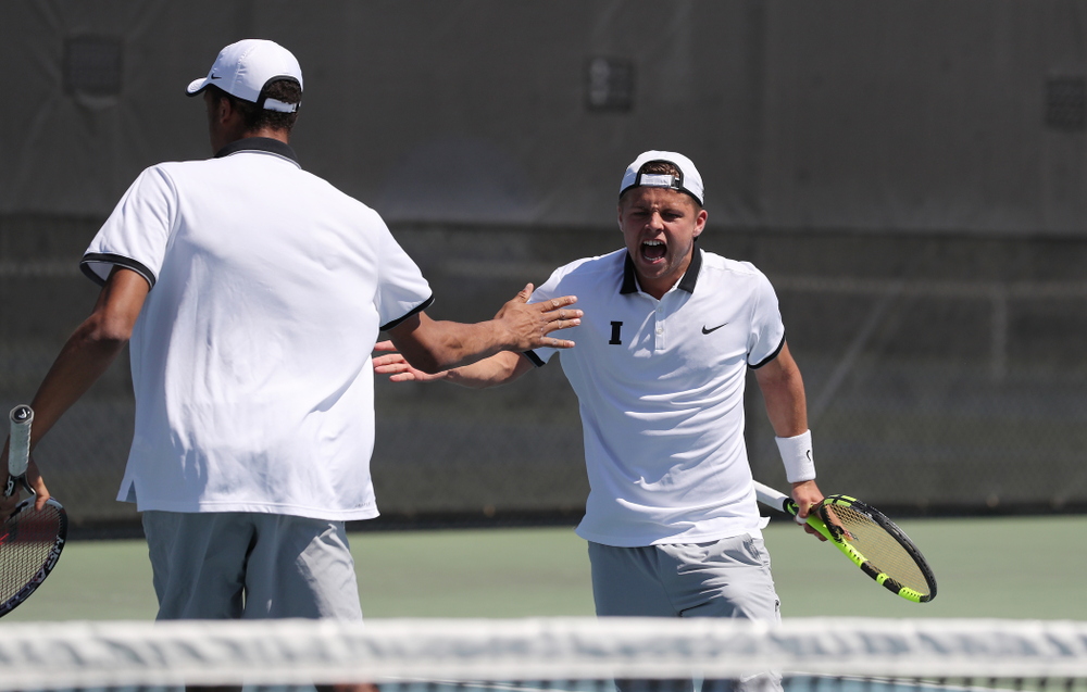 IowaÕs Oliver Okonkwo and Will Davies play a doubles match against the Michigan Wolverines Sunday, April 21, 2019 at the Hawkeye Tennis and Recreation Complex. (Brian Ray/hawkeyesports.com)
