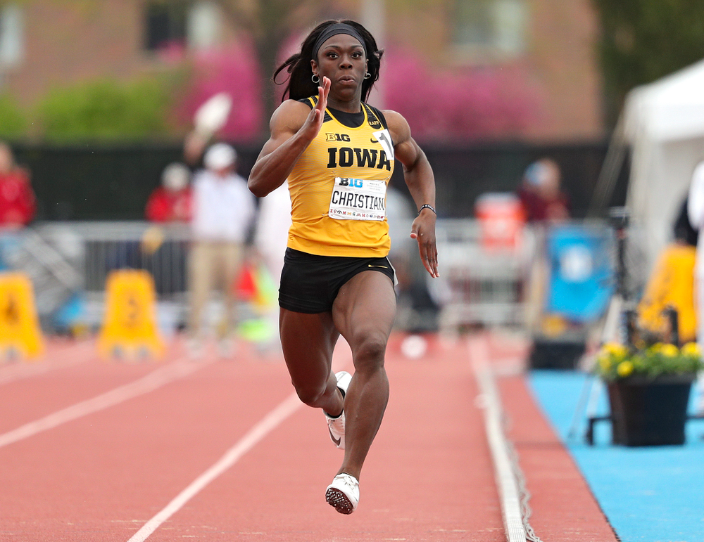 Iowa's Antonise Christian runs the women’s 100 meter dash event on the third day of the Big Ten Outdoor Track and Field Championships at Francis X. Cretzmeyer Track in Iowa City on Sunday, May. 12, 2019. (Stephen Mally/hawkeyesports.com)