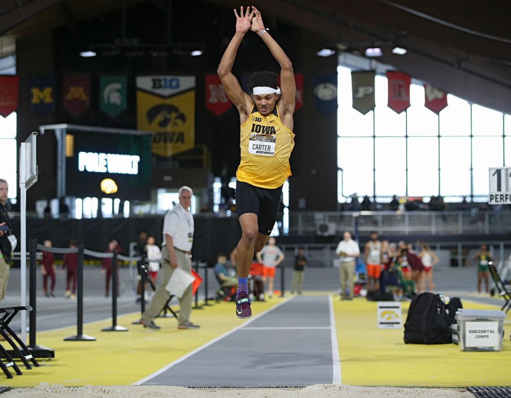 Iowa’s James Carter competes in the men’s triple jump event during the Larry Wieczorek Invitational at the Recreation Building in Iowa City on Saturday, January 18, 2020. (Stephen Mally/hawkeyesports.com)