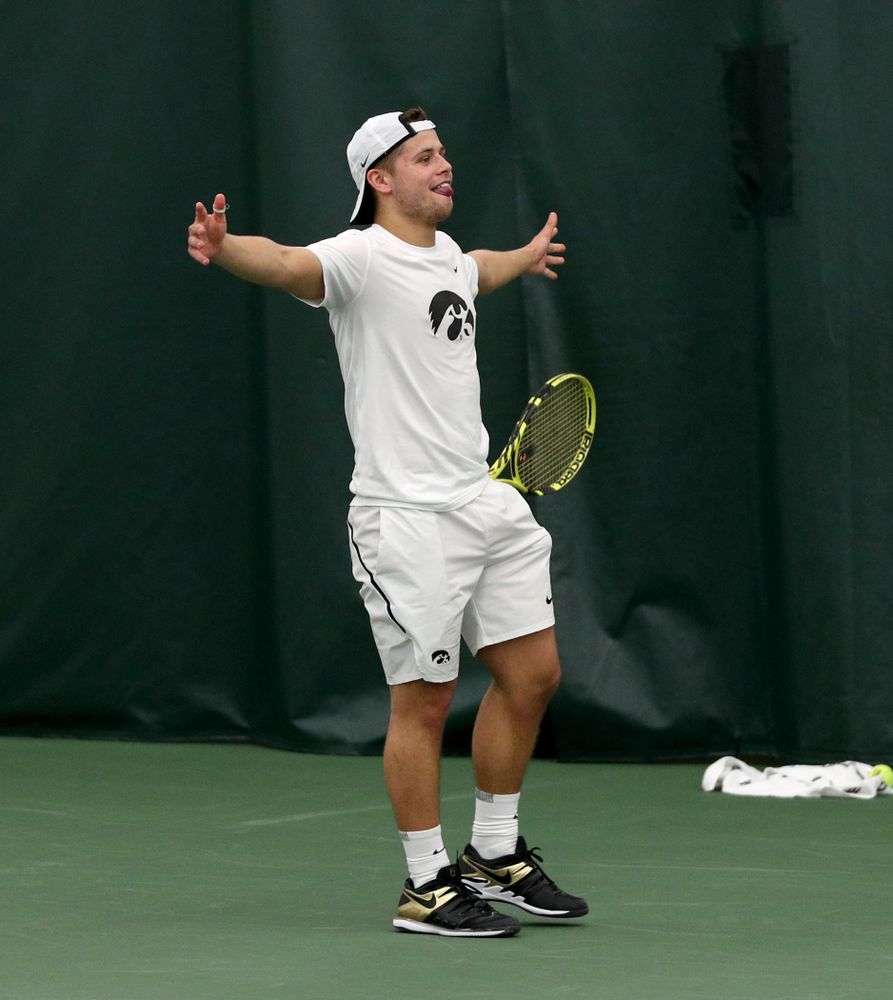 Iowa’s Will Davies against Cornell Sunday, March 8, 2020 at the Hawkeye Tennis and Recreation Center. (Brian Ray/hawkeyesports.com)