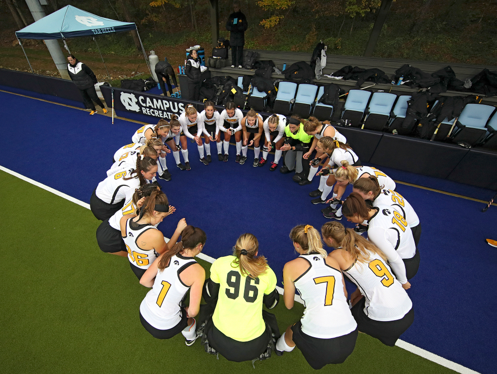 The Hawkeyes huddle before their NCAA Tournament First Round match against Duke at Karen Shelton Stadium in Chapel Hill, N.C. on Friday, Nov 15, 2019. (Stephen Mally/hawkeyesports.com)