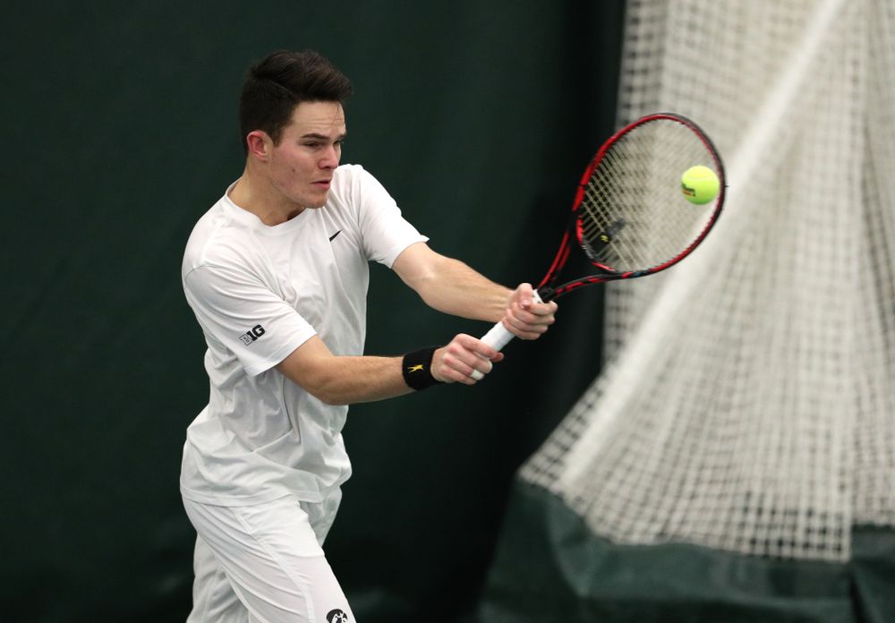 Iowa's Jonas Larsen against North Dakota Friday, January 25, 2019 at the Hawkeye Tennis and Recreation Complex. (Brian Ray/hawkeyesports.com)