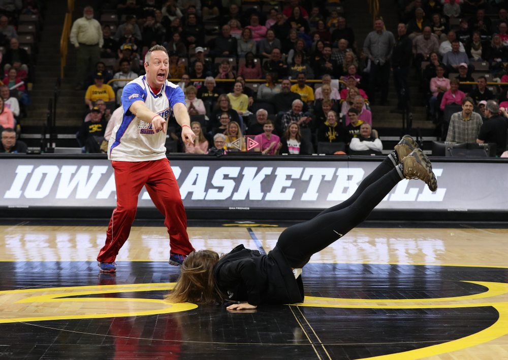 The Iowa Field Hockey Team, Soccer Team, Tennis Team, and Volleyball team play Simon Sez as they celebrate National Girls and Women in Sports day during halftime of the Iowa Hawkeyes game against the seventh ranked Maryland Terrapins Sunday, February 17, 2019 at Carver-Hawkeye Arena. (Brian Ray/hawkeyesports.com)