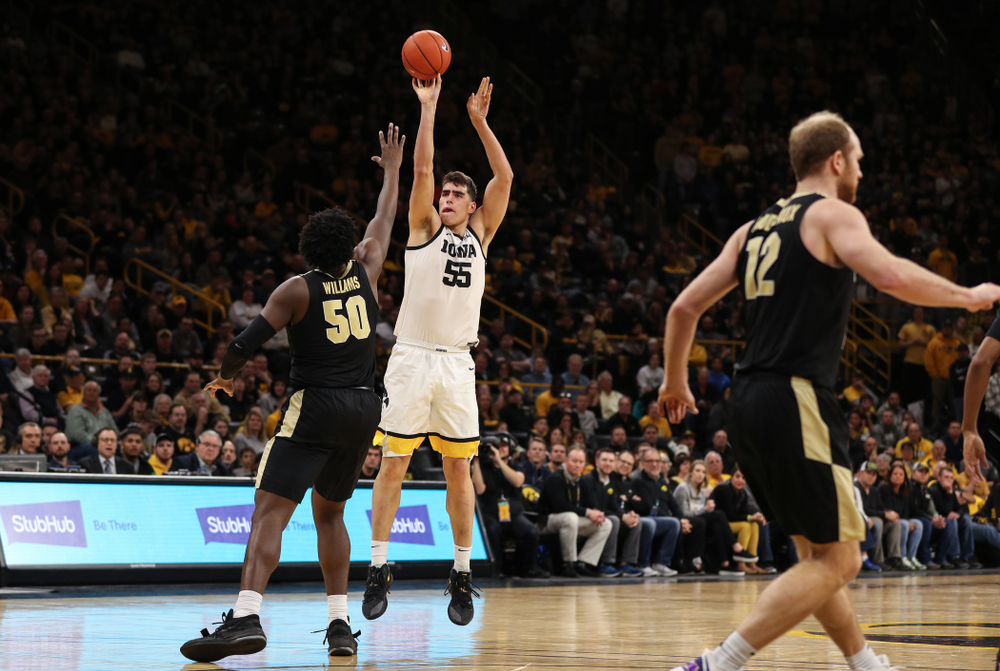 Iowa Hawkeyes forward Luka Garza (55) against the Purdue Boilermakers Tuesday, March 3, 2020 at Carver-Hawkeye Arena. (Brian Ray/hawkeyesports.com)