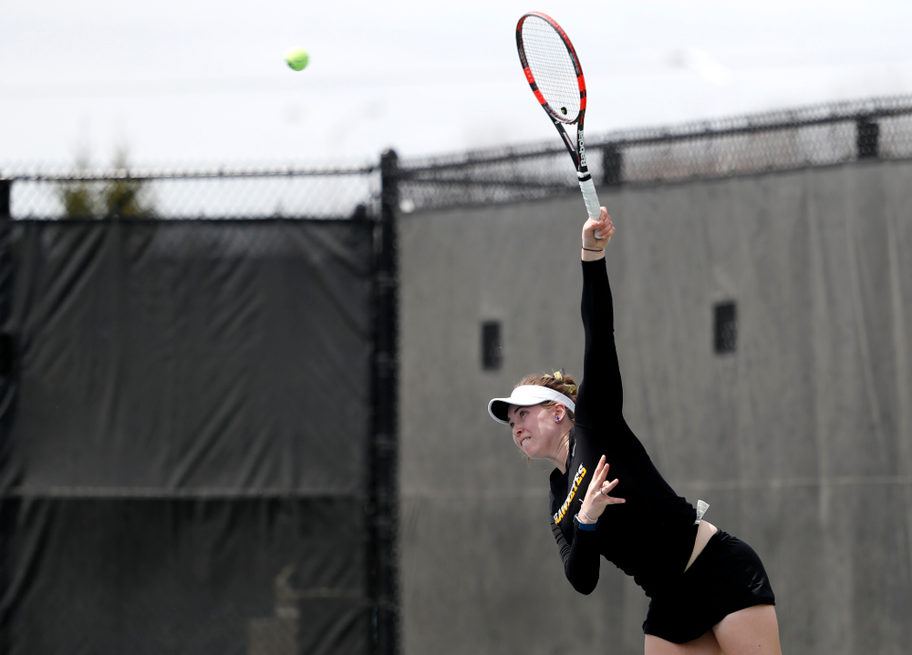 Iowa's Anastasia Reimchen against the Wisconsin Badgers Sunday, April 22, 2018 at the Hawkeye Tennis and Recreation Center. (Brian Ray/hawkeyesports.com)