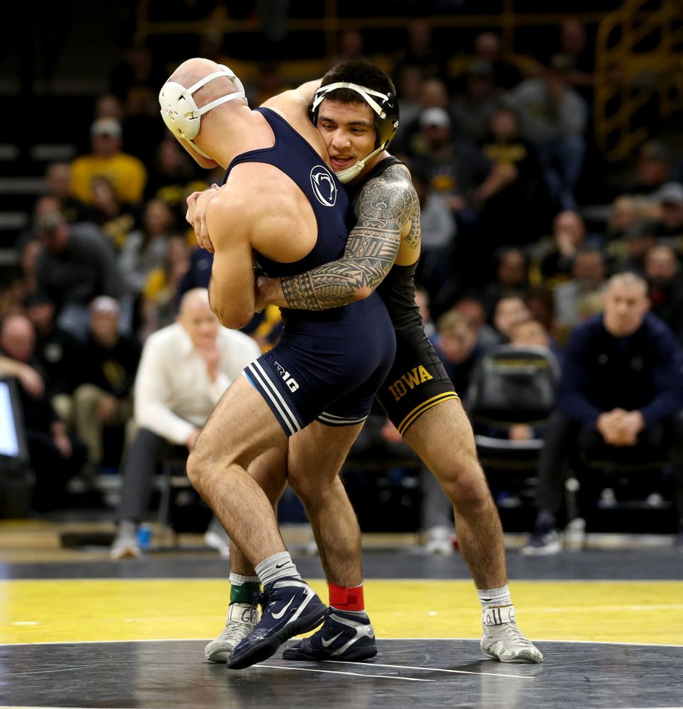 Iowa’s Pat Lugo wrestles Penn State’s Jarod Verkleeren at 149 pounds Friday, January 31, 2020 at Carver-Hawkeye Arena. Lugo defeated Verkleeren 6-1. (Brian Ray/hawkeyesports.com)