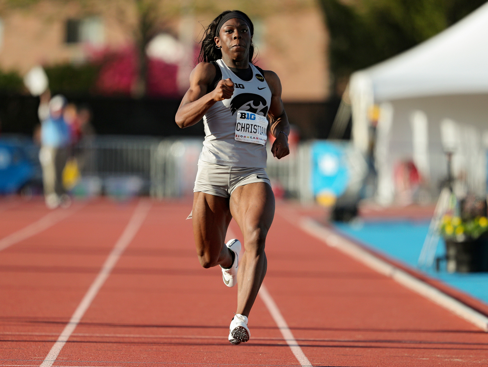Iowa's Antonise Christian runs the women’s 200 meter dash event on the first day of the Big Ten Outdoor Track and Field Championships at Francis X. Cretzmeyer Track in Iowa City on Friday, May. 10, 2019. (Stephen Mally/hawkeyesports.com)