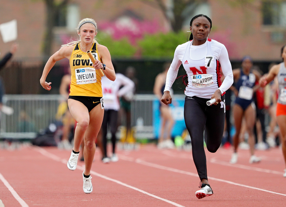 Iowa's Aly Weum runs her section of the women’s 400 meter relay event on the third day of the Big Ten Outdoor Track and Field Championships at Francis X. Cretzmeyer Track in Iowa City on Sunday, May. 12, 2019. (Stephen Mally/hawkeyesports.com)