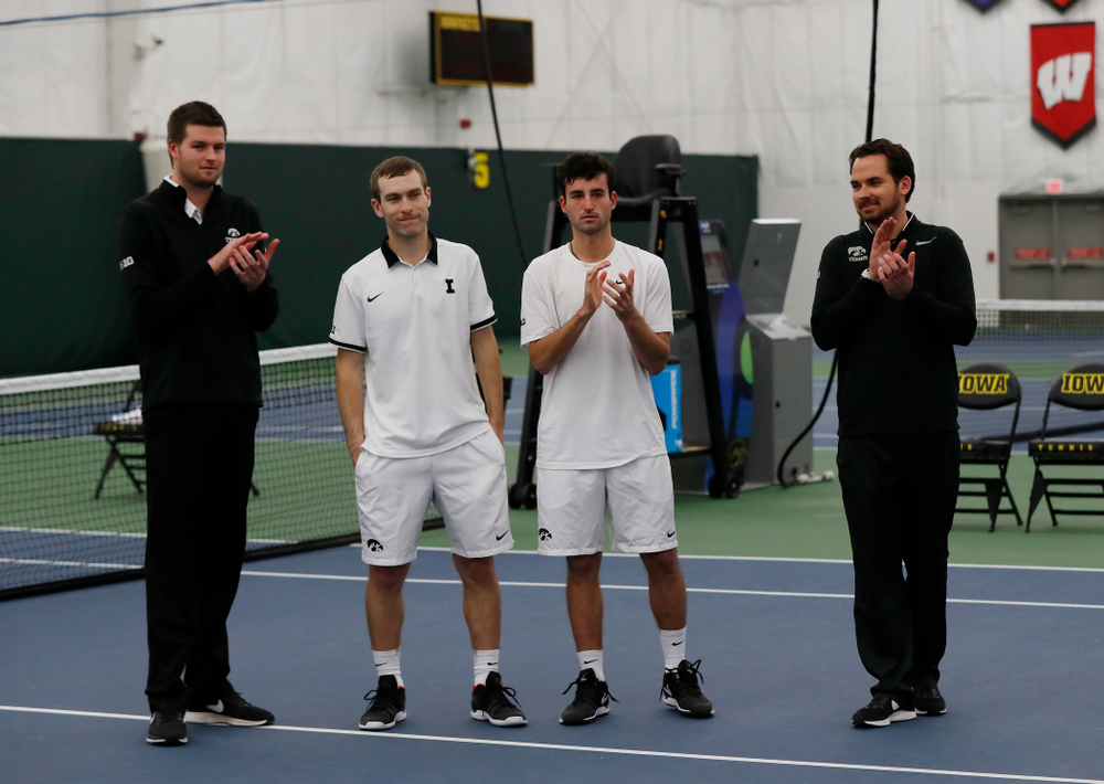 Jake Jacoby and Josh Silverstein during senior day activities following their match against Purdue Sunday, April 15, 2018 at the Hawkeye Ten