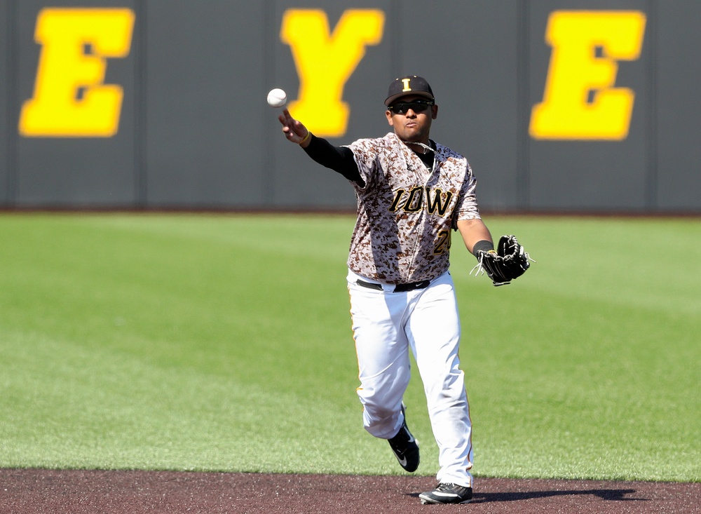 Iowa Hawkeyes second baseman Izaya Fullard (20) throws during the sixth inning of their game against UC Irvine at Duane Banks Field in Iowa City on Sunday, May. 5, 2019. (Stephen Mally/hawkeyesports.com)