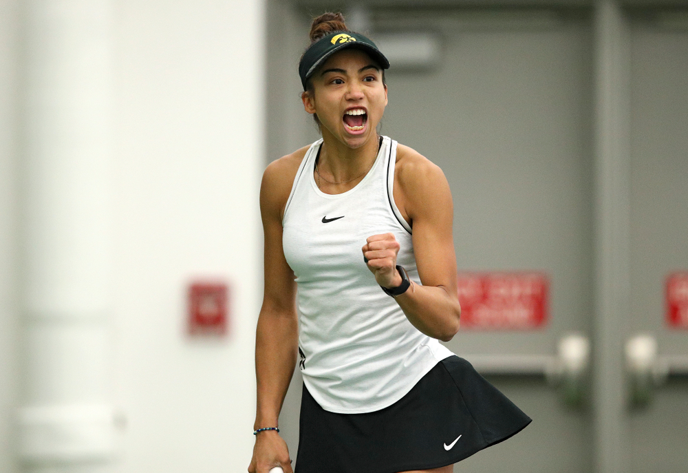 Iowa’s Michelle Bacalla celebrates a point during her singles match at the Hawkeye Tennis and Recreation Complex in Iowa City on Sunday, February 16, 2020. (Stephen Mally/hawkeyesports.com)