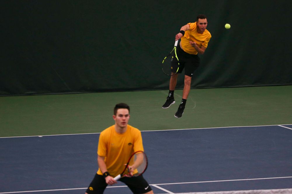 Iowa's Kareem Allaf at a tennis match vs Drake Friday, March 8, 2019 at the Hawkeye Tennis and Recreation Complex. (Lily Smith/hawkeyesports.com)
