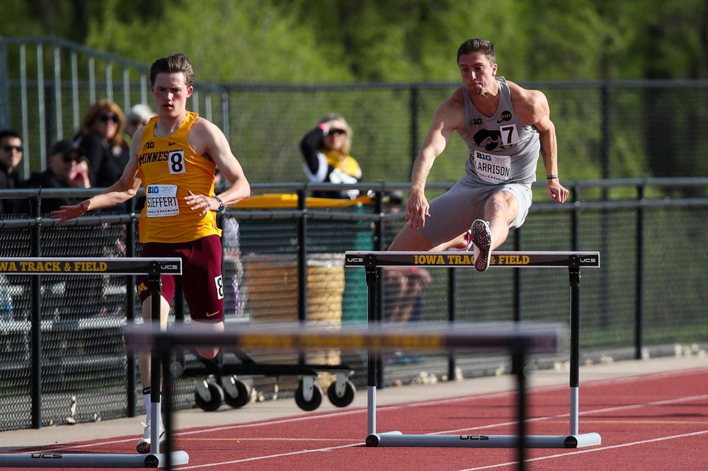 Iowa's Noah Larrison hurdles during the men's 400-meter hurdles at the Big Ten Outdoor Track and Field Championships at Francis X. Cretzmeyer Track on Friday, May 10, 2019. (Lily Smith/hawkeyesports.com)