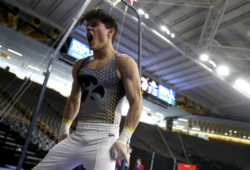 Iowa’s Evan Davis competes on the high bar against UIC and Minnesota Saturday, February 1, 2020 at Carver-Hawkeye Arena. (Brian Ray/hawkeyesports.com)