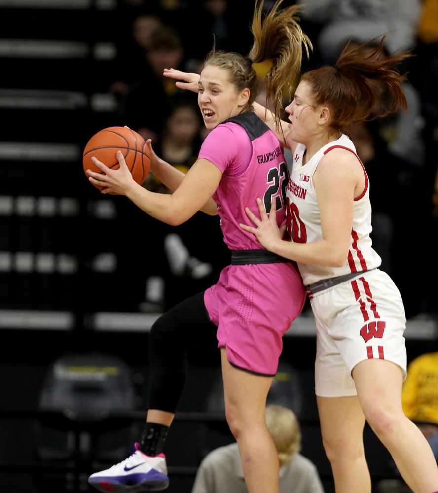 Iowa Hawkeyes guard Kathleen Doyle (22) against the Wisconsin Badgers Sunday, February 16, 2020 at Carver-Hawkeye Arena. (Brian Ray/hawkeyesports.com)