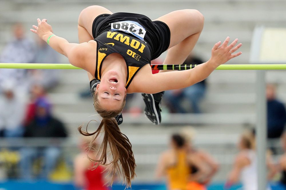 Iowa's Kelli DeGeorge jumps in the women's high jump event during the third day of the Drake Relays at Drake Stadium in Des Moines on Saturday, Apr. 27, 2019. (Stephen Mally/hawkeyesports.com)
