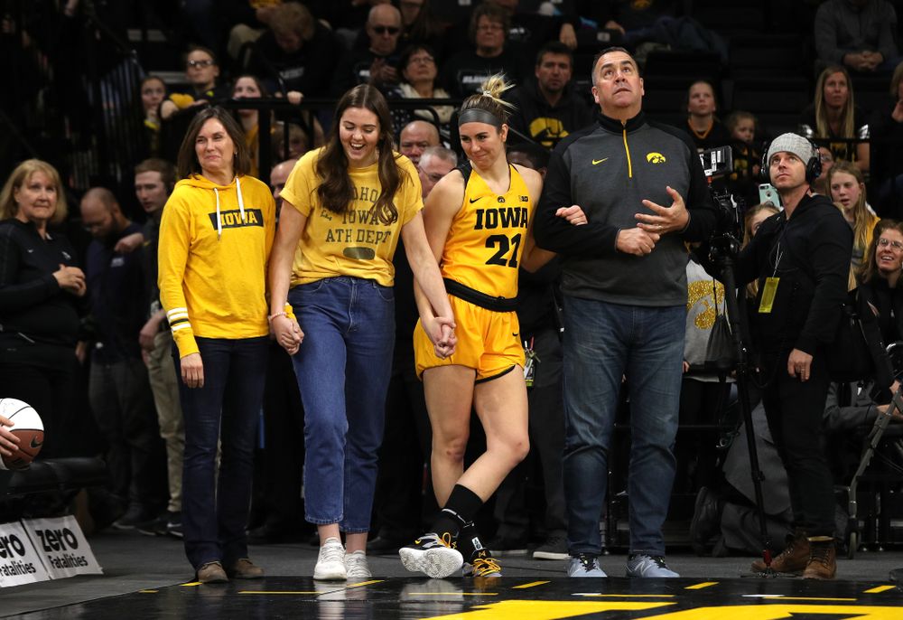 Iowa Hawkeyes forward Hannah Stewart (21) during senior day ceremonies following their game against the Northwestern Wildcats Sunday, March 3, 2019 at Carver-Hawkeye Arena. (Brian Ray/hawkeyesports.com)