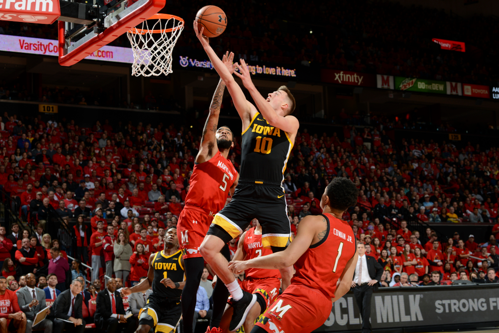 Iowa Hawkeyes guard Joe Wieskamp (10) puts up a shot during their game at the Xfinity Center in College Park, MD on Thursday, January 30, 2020. (University of Maryland Athletics)