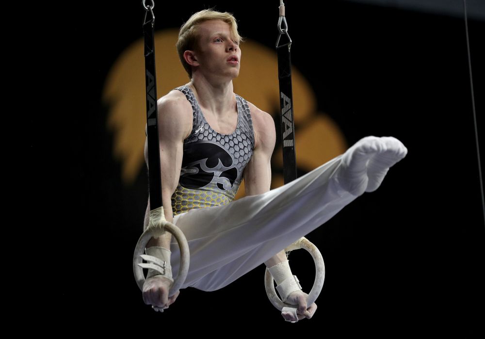 Iowa’s Nick Merryman competes on the rings against Illinois Sunday, March 1, 2020 at Carver-Hawkeye Arena. (Brian Ray/hawkeyesports.com)