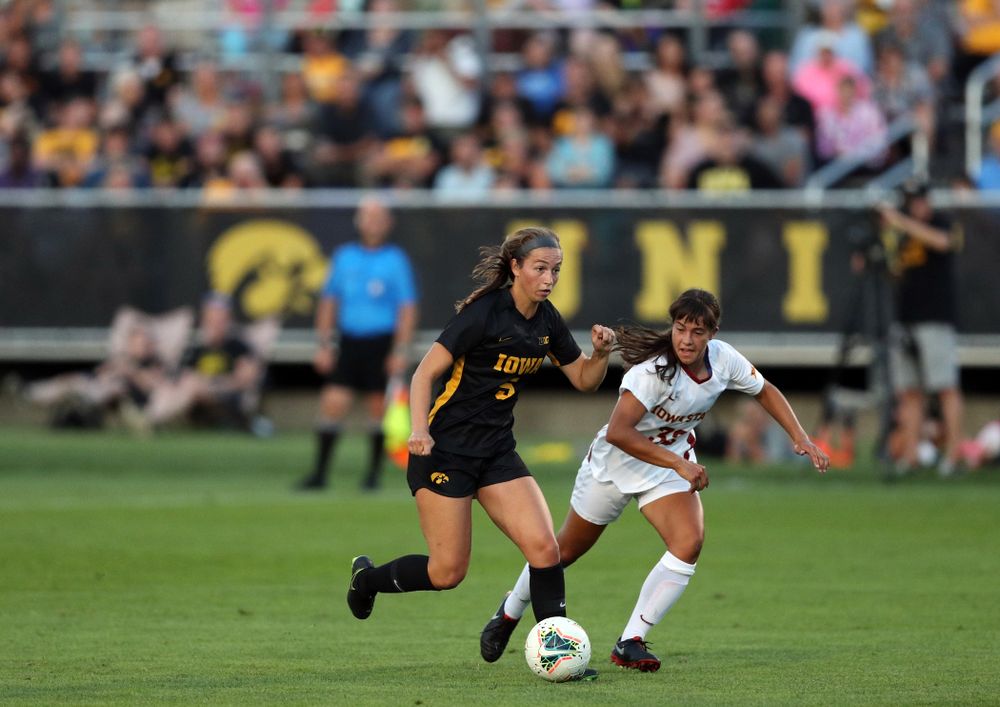 Iowa Hawkeyes defender Riley Whitaker (5) during a 2-1 victory over the Iowa State Cyclones Thursday, August 29, 2019 in the Iowa Corn Cy-Hawk series at the Iowa Soccer Complex. (Brian Ray/hawkeyesports.com)