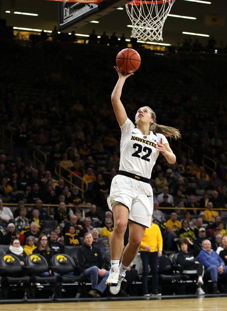 Iowa Hawkeyes guard Kathleen Doyle (22) against the Wisconsin Badgers Monday, January 7, 2019 at Carver-Hawkeye Arena. (Brian Ray/hawkeyesports.com)