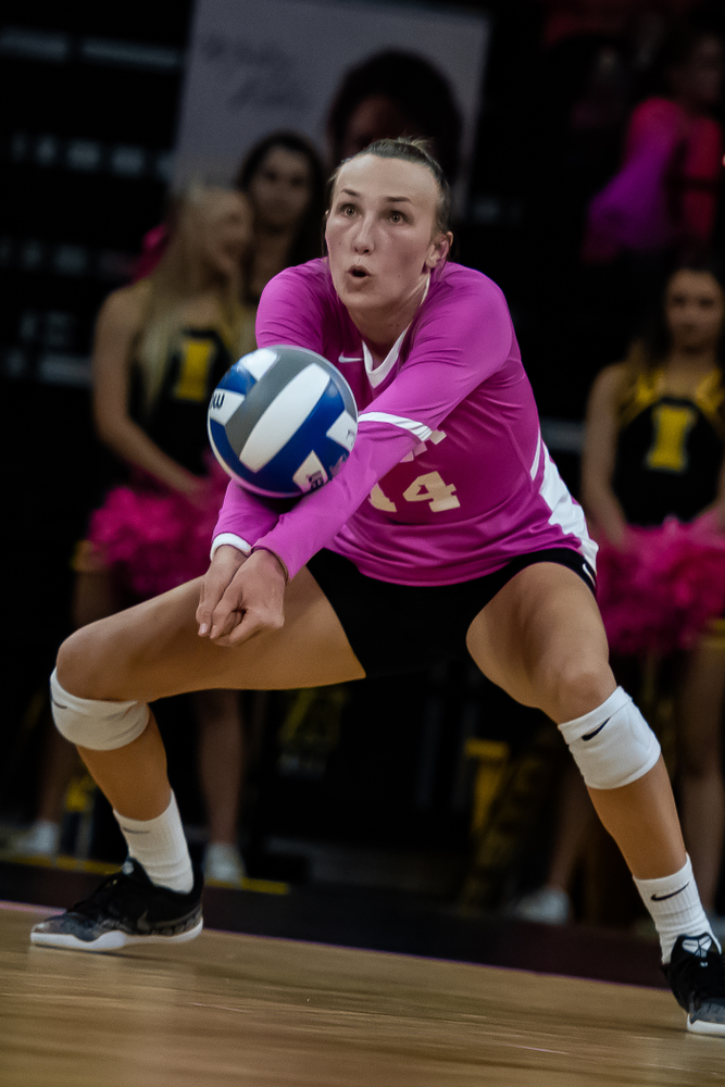 Iowa Hawkeyes outside hitter Cali Hoye (14) against the Wisconsin Badgers Saturday, October 6, 2018 at Carver-Hawkeye Arena. (Clem Messerli/Iowa Sports Pictures)