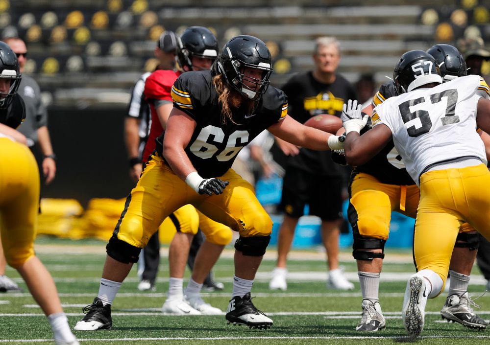 Iowa Hawkeyes offensive lineman Levi Paulsen (66) during Kids Day Saturday, August 11, 2018 at Kinnick Stadium. (Brian Ray/hawkeyesports.com)