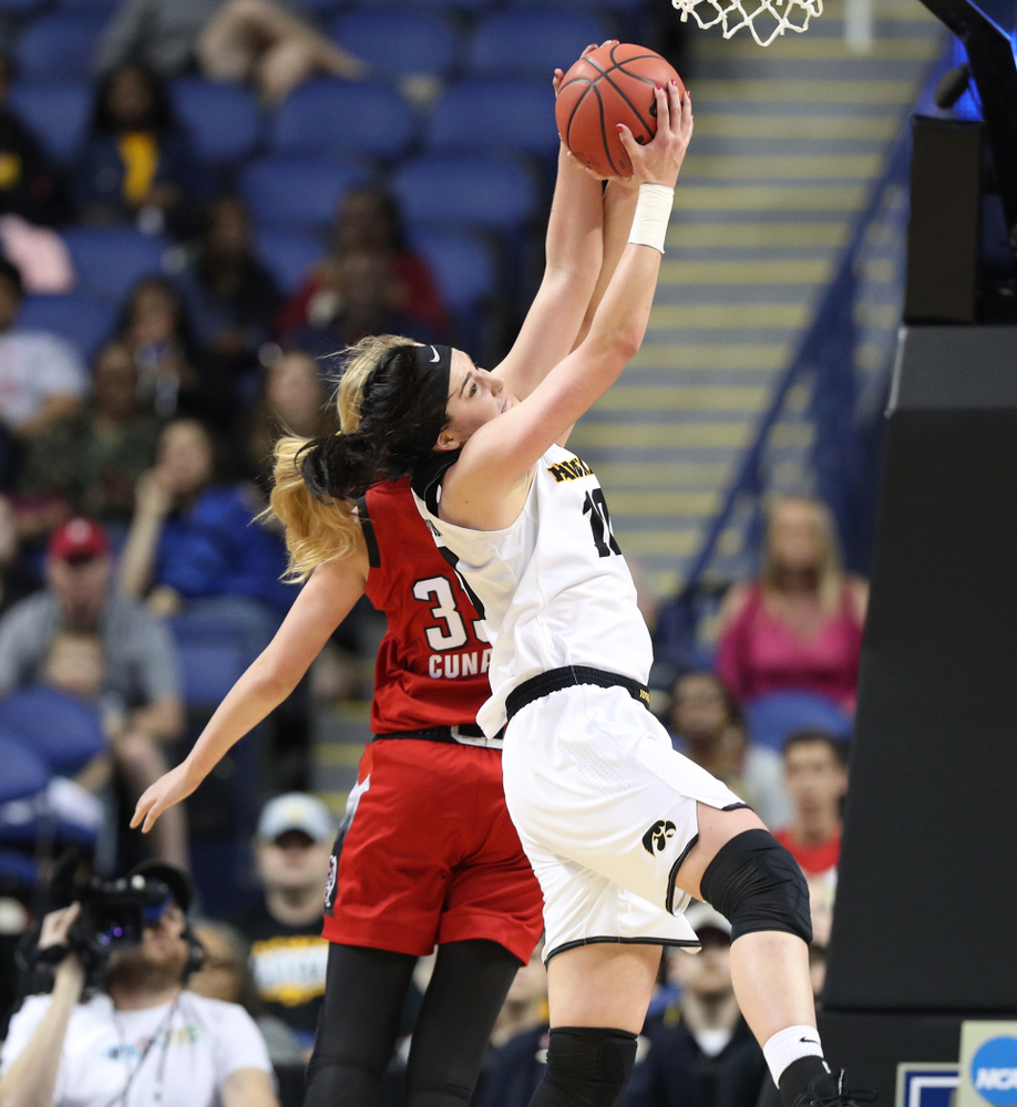 Iowa Hawkeyes forward Megan Gustafson (10) against the NC State Wolfpack in the regional semi-final of the 2019 NCAA Women's College Basketball Tournament Saturday, March 30, 2019 at Greensboro Coliseum in Greensboro, NC.(Brian Ray/hawkeyesports.com)
