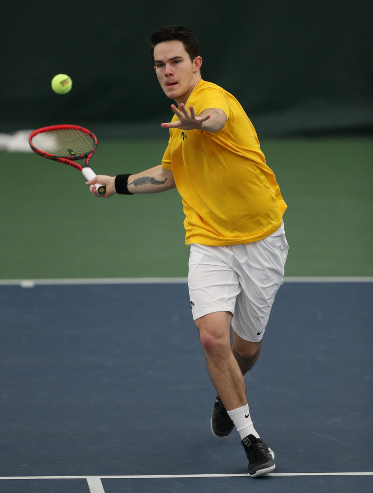 Jonas Larsen against Utah Sunday, February 10, 2019 at the Hawkeye Tennis and Recreation Complex. (Brian Ray/hawkeyesports.com)