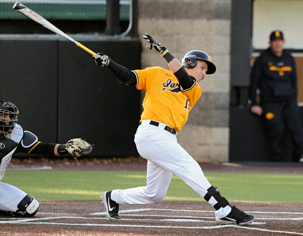 Iowa catcher Tyler Snep (16) drives a pitch for a hit during the fourth inning of the first game of the Black and Gold Fall World Series at Duane Banks Field in Iowa City on Tuesday, Oct 15, 2019. (Stephen Mally/hawkeyesports.com)