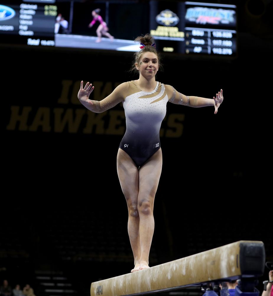 IowaÕs Bridget Killian competes on the beam against Ball State and Air Force Saturday, January 11, 2020 at Carver-Hawkeye Arena. (Brian Ray/hawkeyesports.com)
