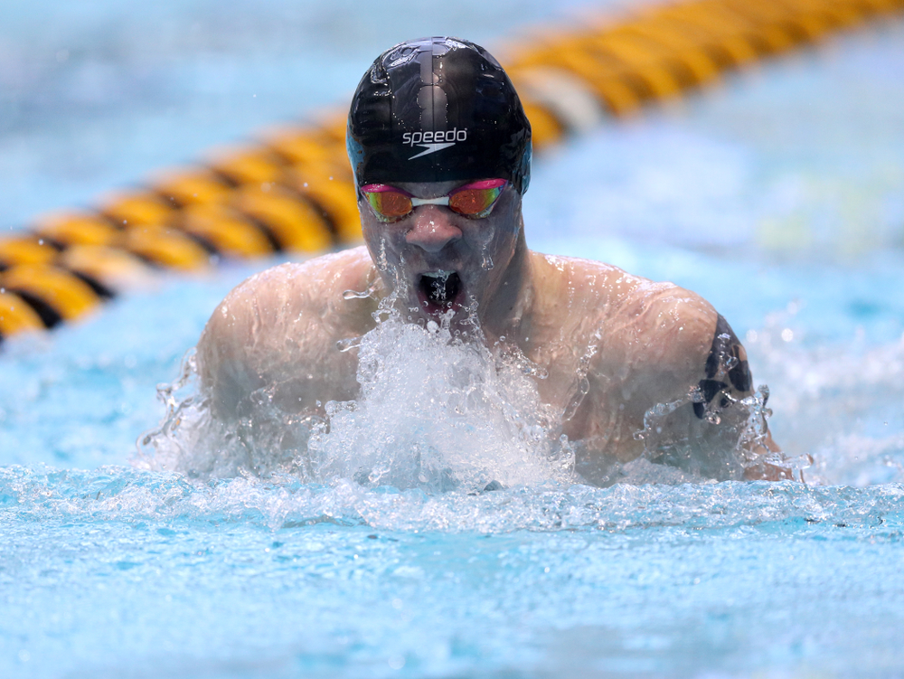 Iowa's Tanner Nelson competes in the 100-yard breaststroke on the third day at the 2019 Big Ten Swimming and Diving Championships Thursday, February 28, 2019 at the Campus Wellness and Recreation Center. (Brian Ray/hawkeyesports.com)