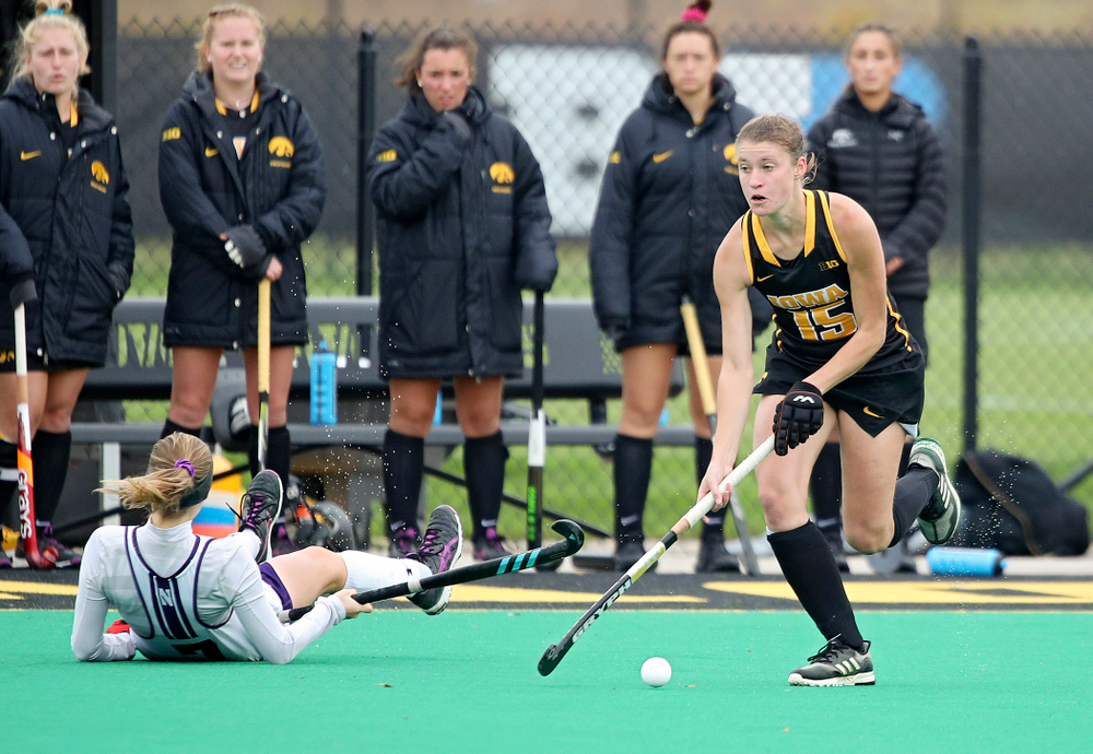 Iowa’s Esme Gibson (15) jukes a defender during the second quarter of their game at Grant Field in Iowa City on Saturday, Oct 26, 2019. (Stephen Mally/hawkeyesports.com)