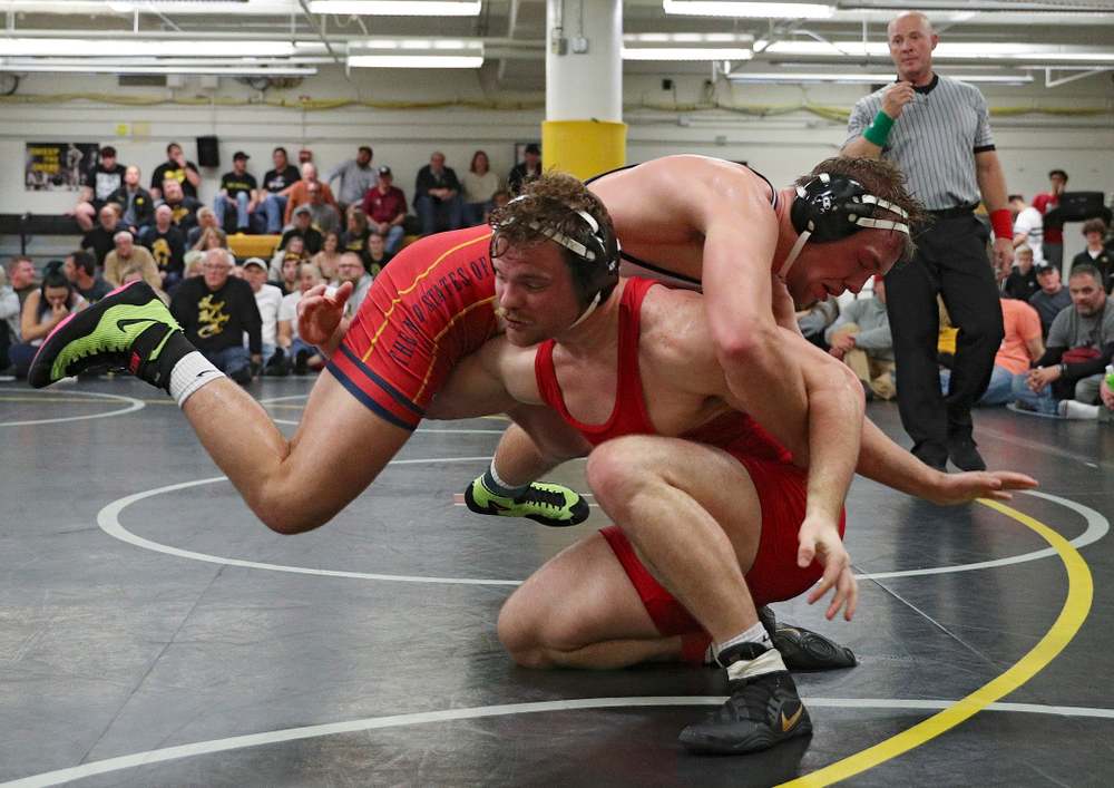 Iowa’s Sam Cook (bottom) tries to control Jacob Warner during their preseason match at the Dan Gable Wrestling Complex at Carver-Hawkeye Arena in Iowa City on Friday, Nov 8, 2019. (Stephen Mally/hawkeyesports.com)