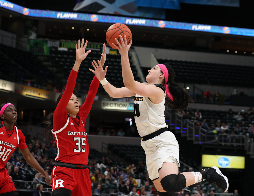 Iowa Hawkeyes forward Megan Gustafson (10) against the Rutgers Scarlet Knights in the semi-finals of the Big Ten Tournament Saturday, March 9, 2019 at Bankers Life Fieldhouse in Indianapolis, Ind. (Brian Ray/hawkeyesports.com)