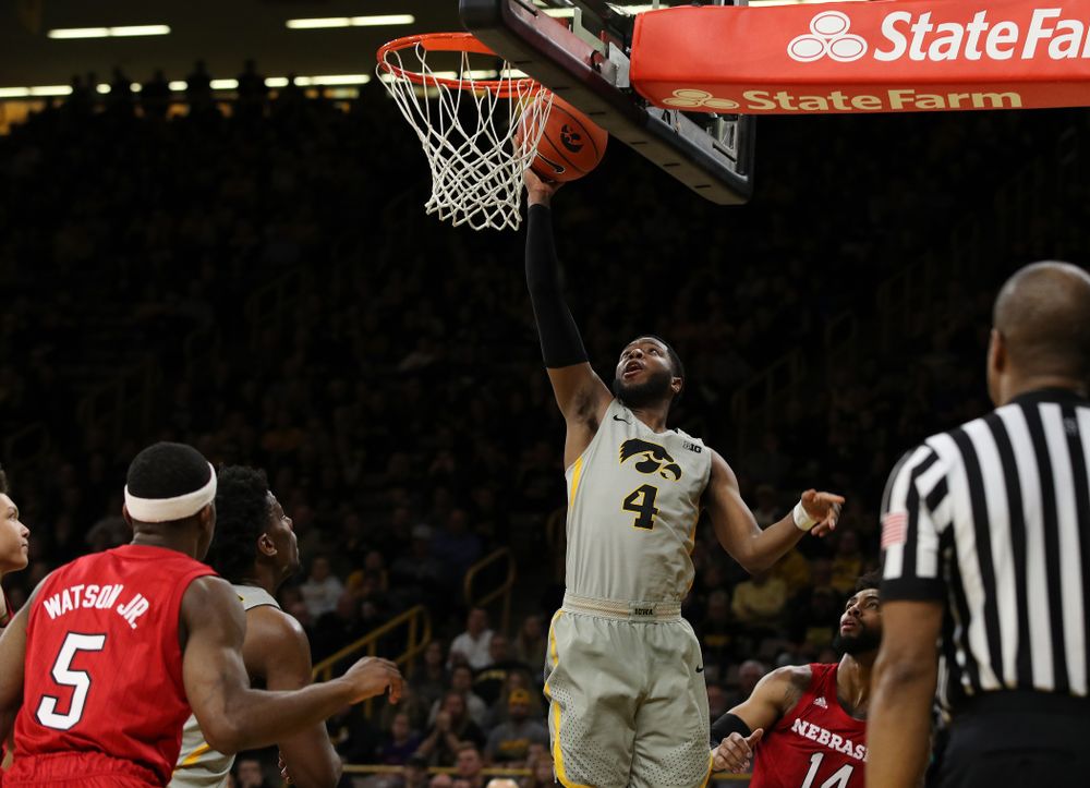 Iowa Hawkeyes guard Isaiah Moss (4) against the Nebraska Cornhuskers Sunday, January 6, 2019 at Carver-Hawkeye Arena. (Brian Ray/hawkeyesports.com)