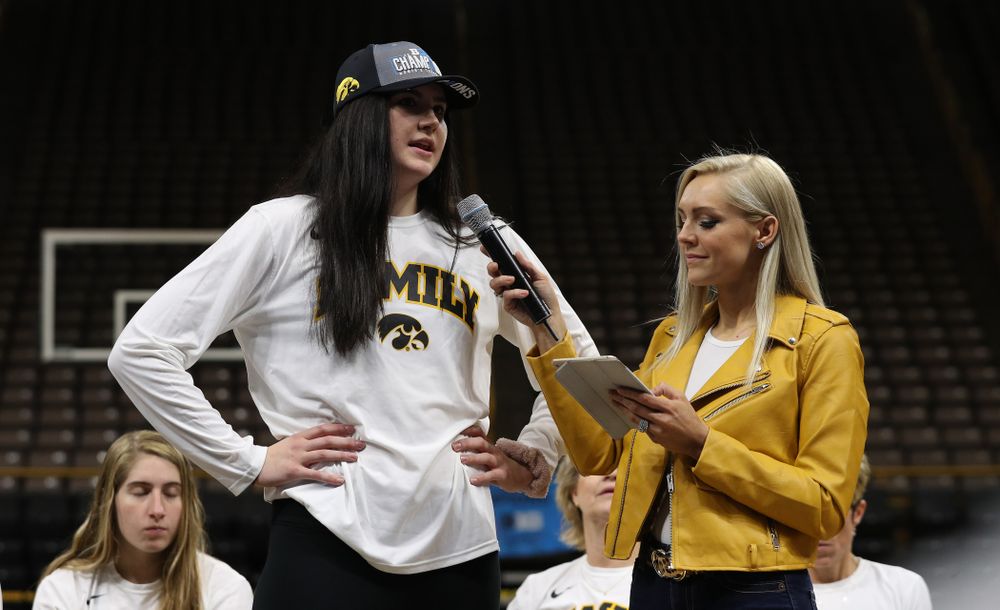 Iowa Hawkeyes forward Megan Gustafson (10) during a celebration of their Big Ten Women's Basketball Tournament championship Monday, March 18, 2019 at Carver-Hawkeye Arena. (Brian Ray/hawkeyesports.com)