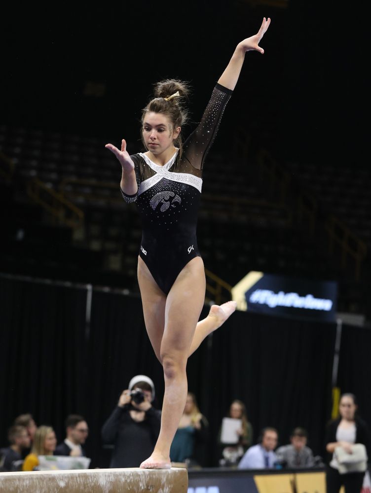 Iowa's Bridget Killian competes on the beam against the Rutgers Scarlet Knights Saturday, January 26, 2019 at Carver-Hawkeye Arena. (Brian Ray/hawkeyesports.com)