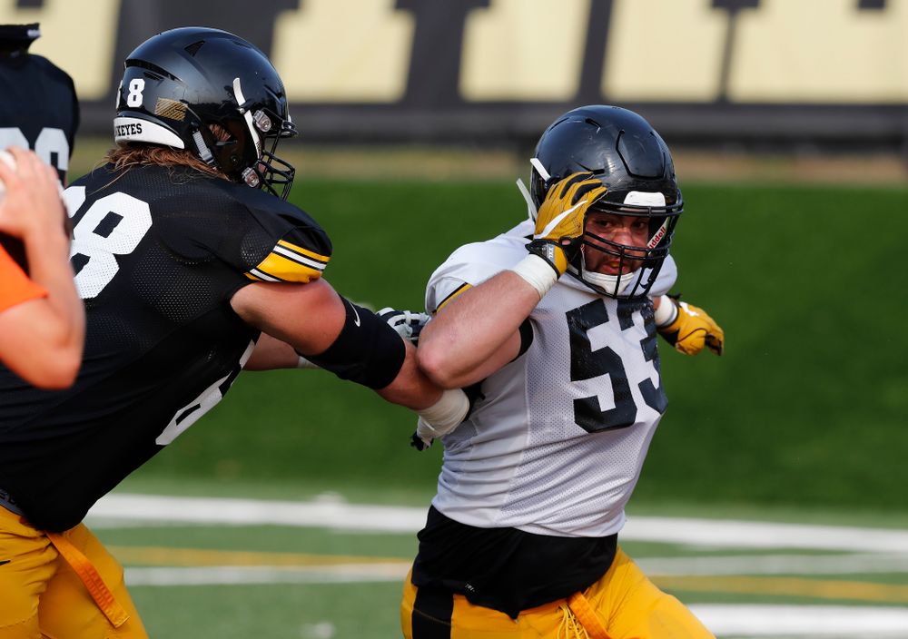 Iowa Hawkeyes defensive lineman Garret Jansen (53) and offensive lineman Landan Paulsen (68) during camp practice No. 16 Tuesday, August 21, 2018 at the Hansen Football Performance Center. (Brian Ray/hawkeyesports.com)