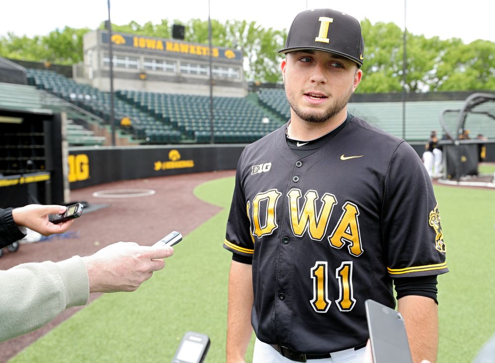 Iowa’s Cole McDonald answers questions from the media at Duane Banks Field in Iowa City on Monday, May 20, 2019. (Stephen Mally/hawkeyesports.com)