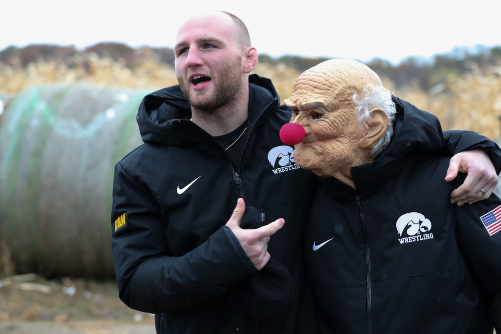 All American Alex Marinelli messes around with teammate Gavin Teasdale during the teamÕs annual media day Wednesday, October 30, 2019 at Kroul Family Farms in Mount Vernon. (Brian Ray/hawkeyesports.com)