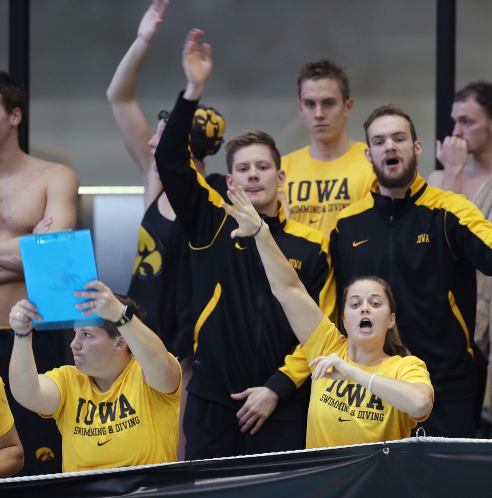 Iowa Hawkeye assistant coaches Sarah Stockwell-Gregson and Ashley Dell Thursday, November 15, 2018 during the 2018 Hawkeye Invitational at the Campus Recreation and Wellness Center. (Brian Ray/hawkeyesports.com)