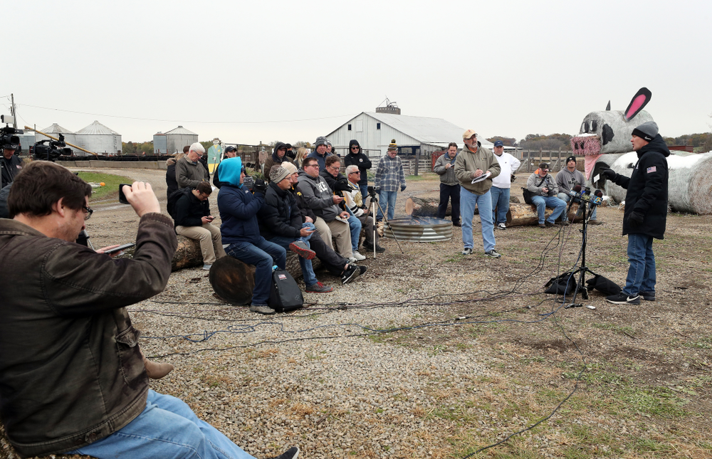 Iowa Wrestling Head Coach Tom Brands answers questions from reporters during the teamÕs annual media day Wednesday, October 30, 2019 at Kroul Family Farms in Mount Vernon. (Brian Ray/hawkeyesports.com)